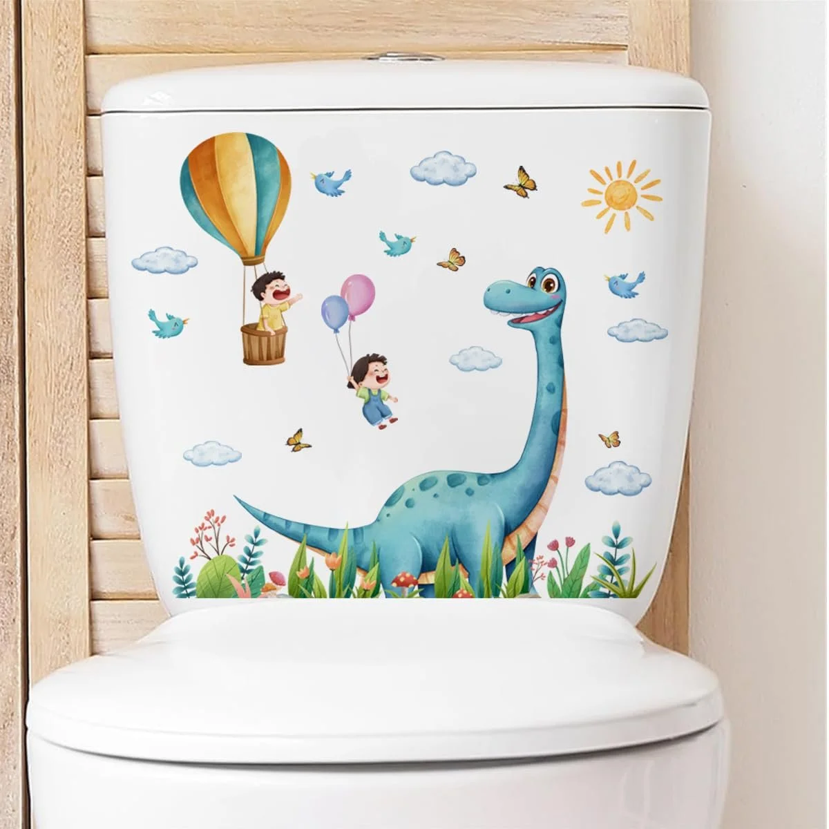 Наклейка на кришку унітазу Dinosaur/Kids Hot Air Balloon мультяшна знімна 25x30 см, фото №1