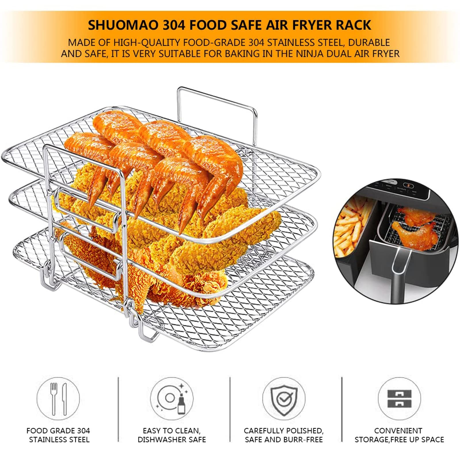 Решетка для фритюрницы Swsdee Three-Layer Stacking Design трехуровневая нержавеющая сталь для Ninja Dual Zone Air Fryer, фото №5 Решетка для фритюрницы Swsdee Three-Layer Stacking Design трехуровневая нержавеющая сталь для Ninja Dual Zone Air Fryer, фото №5