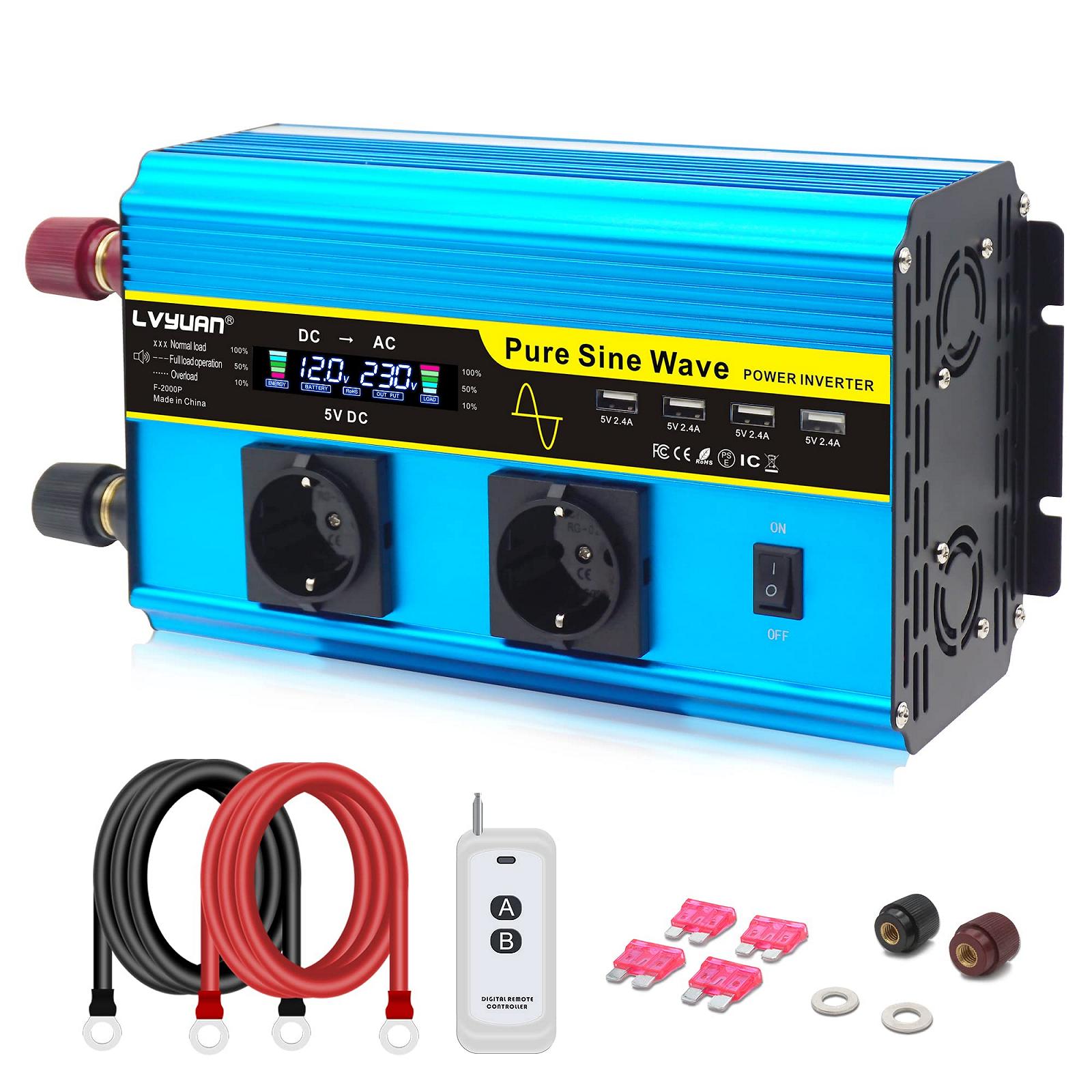 Інвертор LVYUAN Pure Sine Wave 12V до 230V 2000W/4000W з бездротовим пультом ДК 2 розетки AC 4 порти USB, фото №1