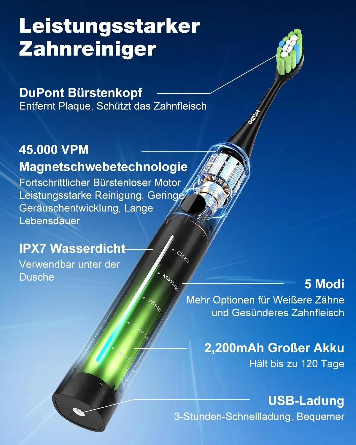 Электрическая звуковая зубная щетка MCURO 45000 VPM 5 режимов Таймер Черная, фото №8