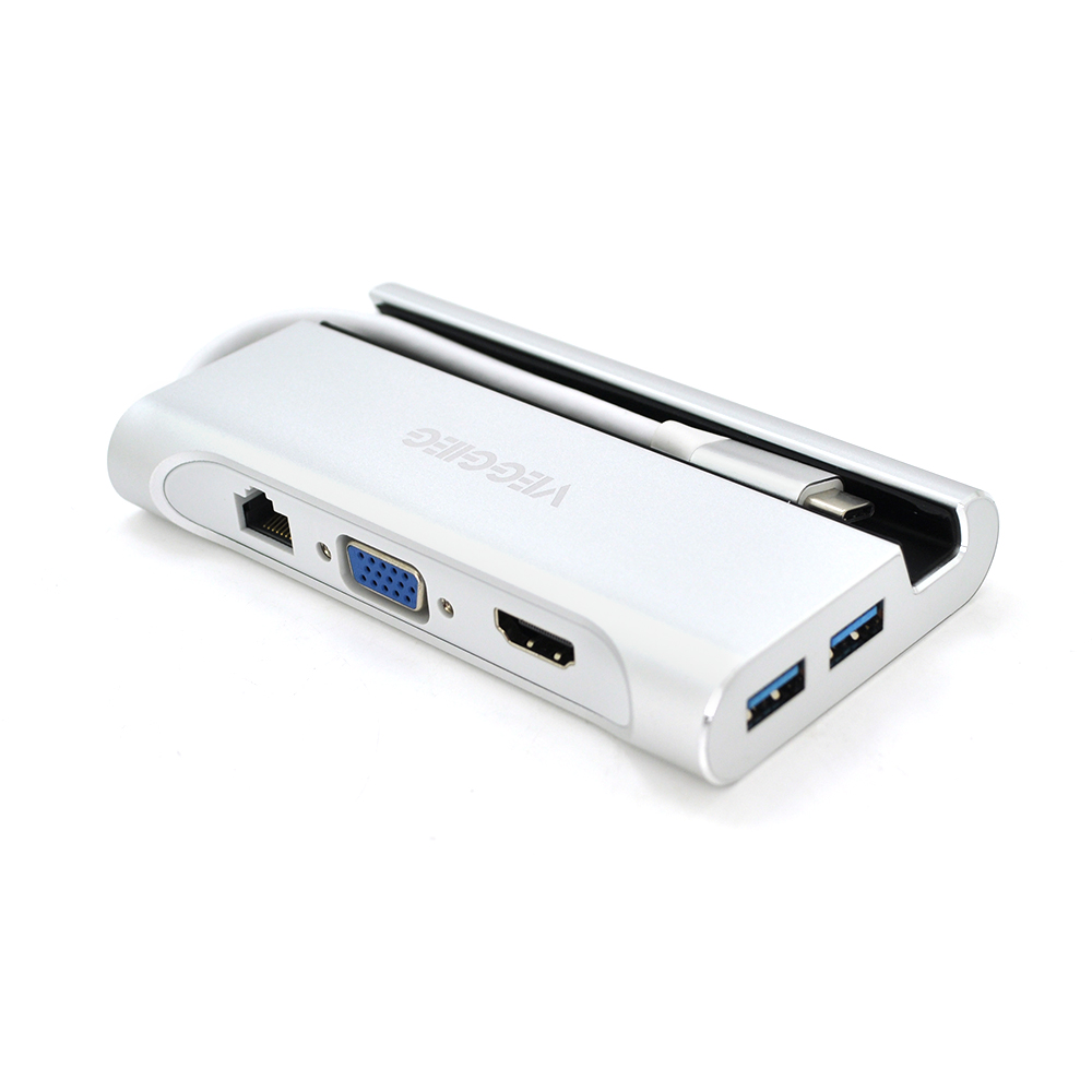 Хаб-конвертор VEGGIEG TC07-S Type-C папа на Type-C мама  USB3.0*3(мама) HDMI мама SD/TF 10см Silver Box, фото №1
