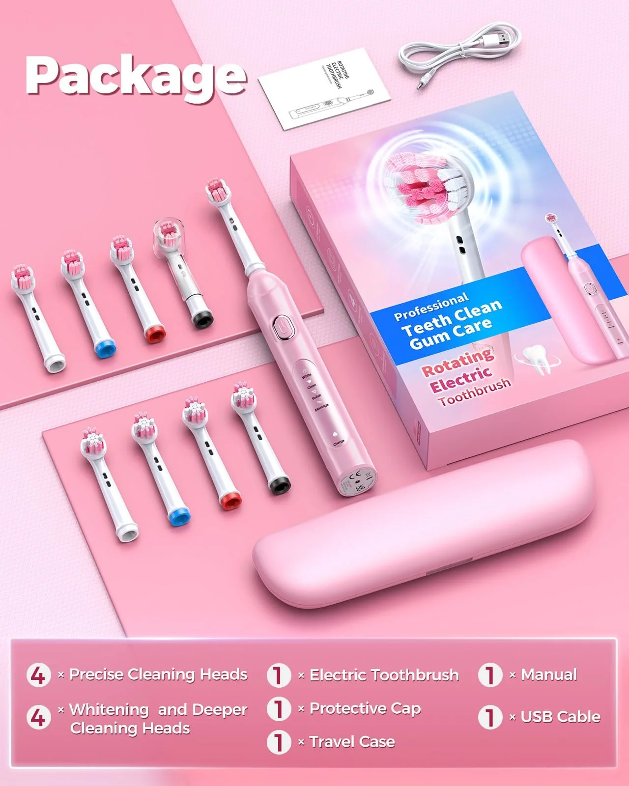 Вращающаяся электрическая зубная щетка TEETHEORY 4 режима Розовая, фото №2