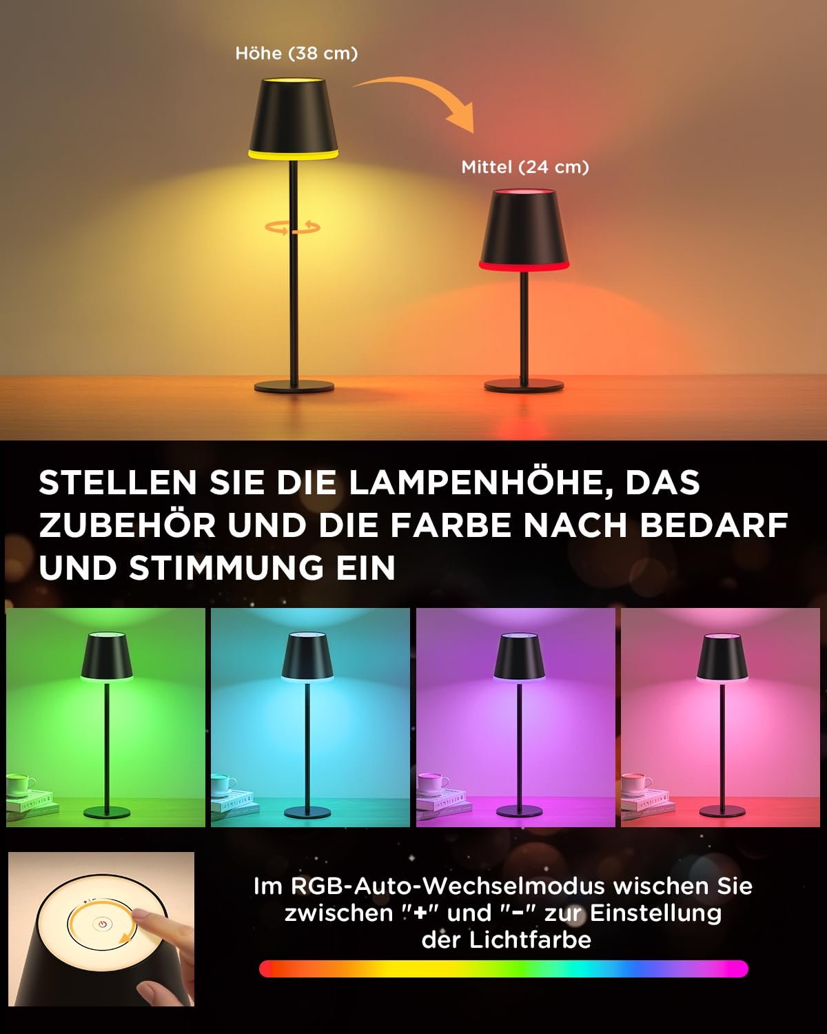 Настільна лампа NIBSHOOM LED акумуляторна 5200 мАг RGB IP54 з регулюванням висоти, фото №3