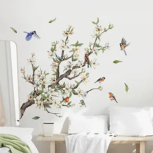 Настінна наклейка Tanlaby Квіти Дерево Птахи на гілці Зелена synthetic.ua - Фото 1