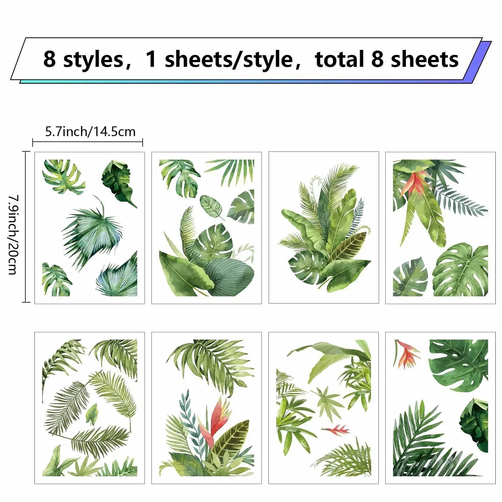 Наклейки на стіну CRASPIRE Тропічне листя 8 аркушів Водонепроникні Вінілові Зелені, фото №2