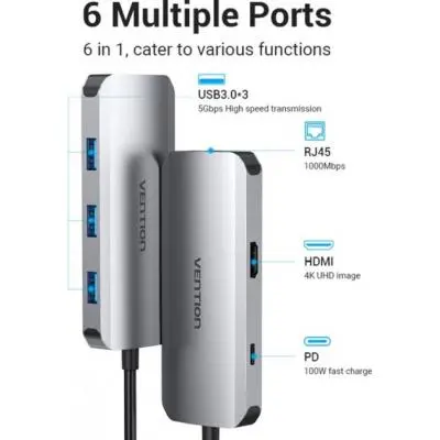 Концентратор Vention USB3.1 Type-C -- HDMI/USB 3.0x3/RJ45/PD 100W Hub 6-in-1 TOHHB, фото №4