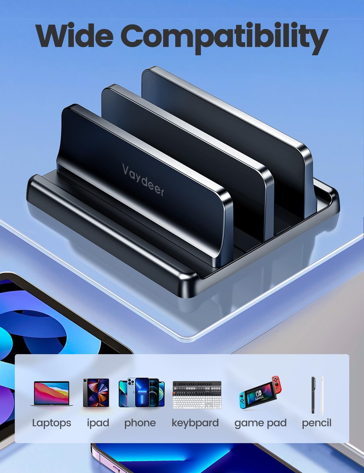 Вертикальна Підставка VAYDEER для двох ноутбуків, 4-в-1, для вертикального розташування, сумісна з MacBook Air, MacBook Pro, iPad, планшетами, ноутбуками до 17,3 дюймів, фото №5