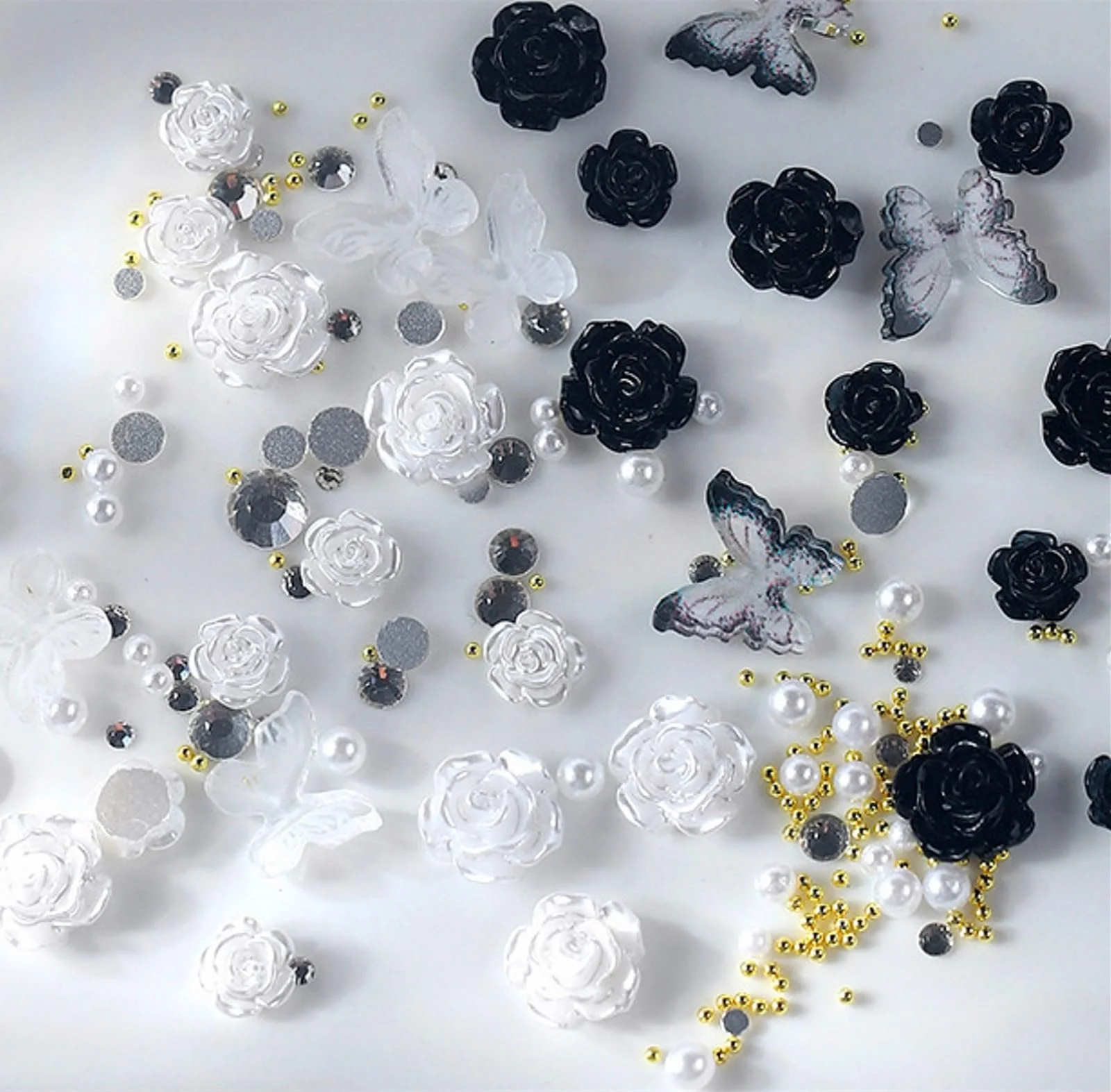 3D Цветок Подвески для ногтей, Белый Черный Прозрачный Акрил Камелия Украшения для ногтей Бабочка Стразы для ногтей Драгоценности с Мини Бисером, фото №1