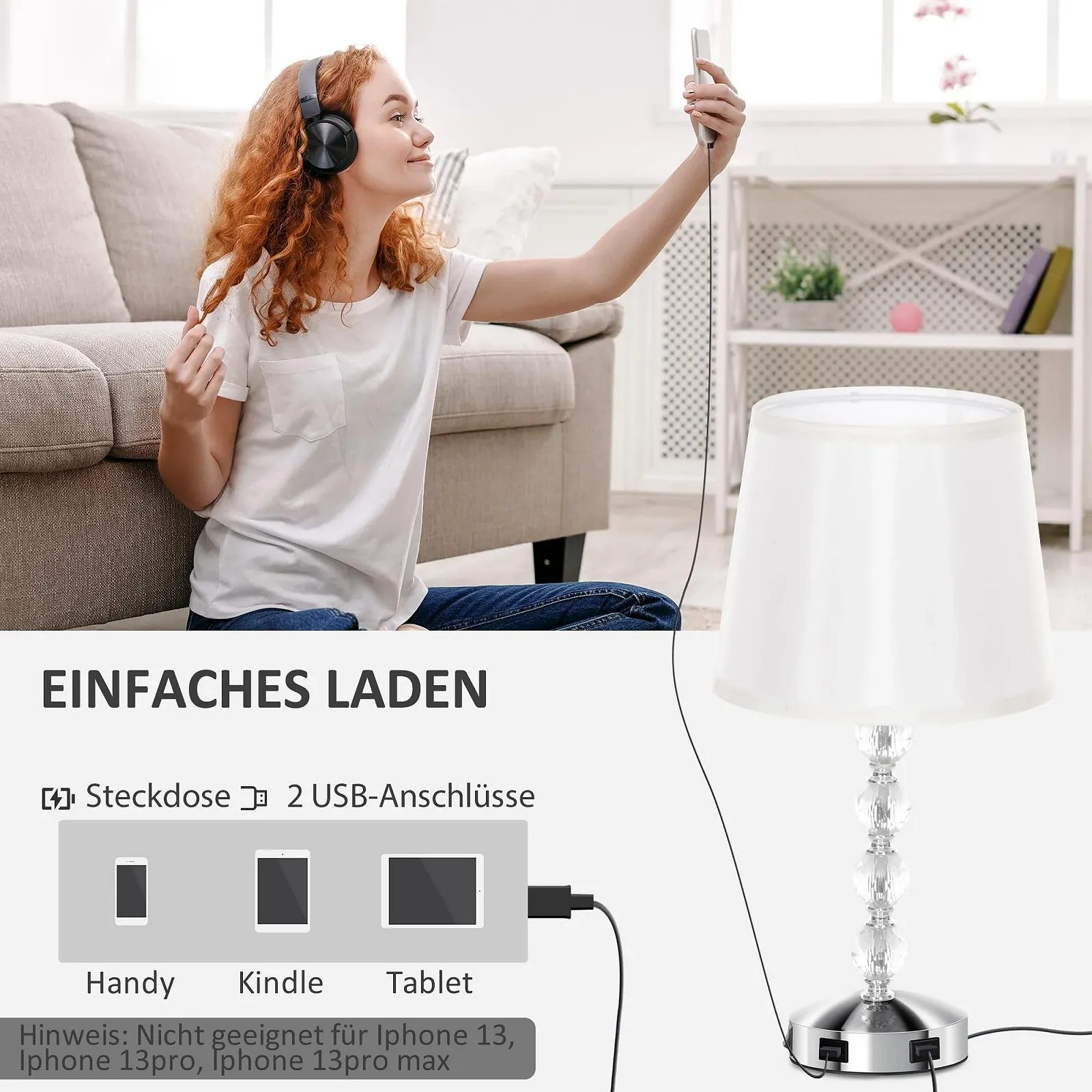 Настільна LED лампа HOMCOM Crystal E27 USB 23 x 23 x 45 см Срібляста Скляна, фото №6