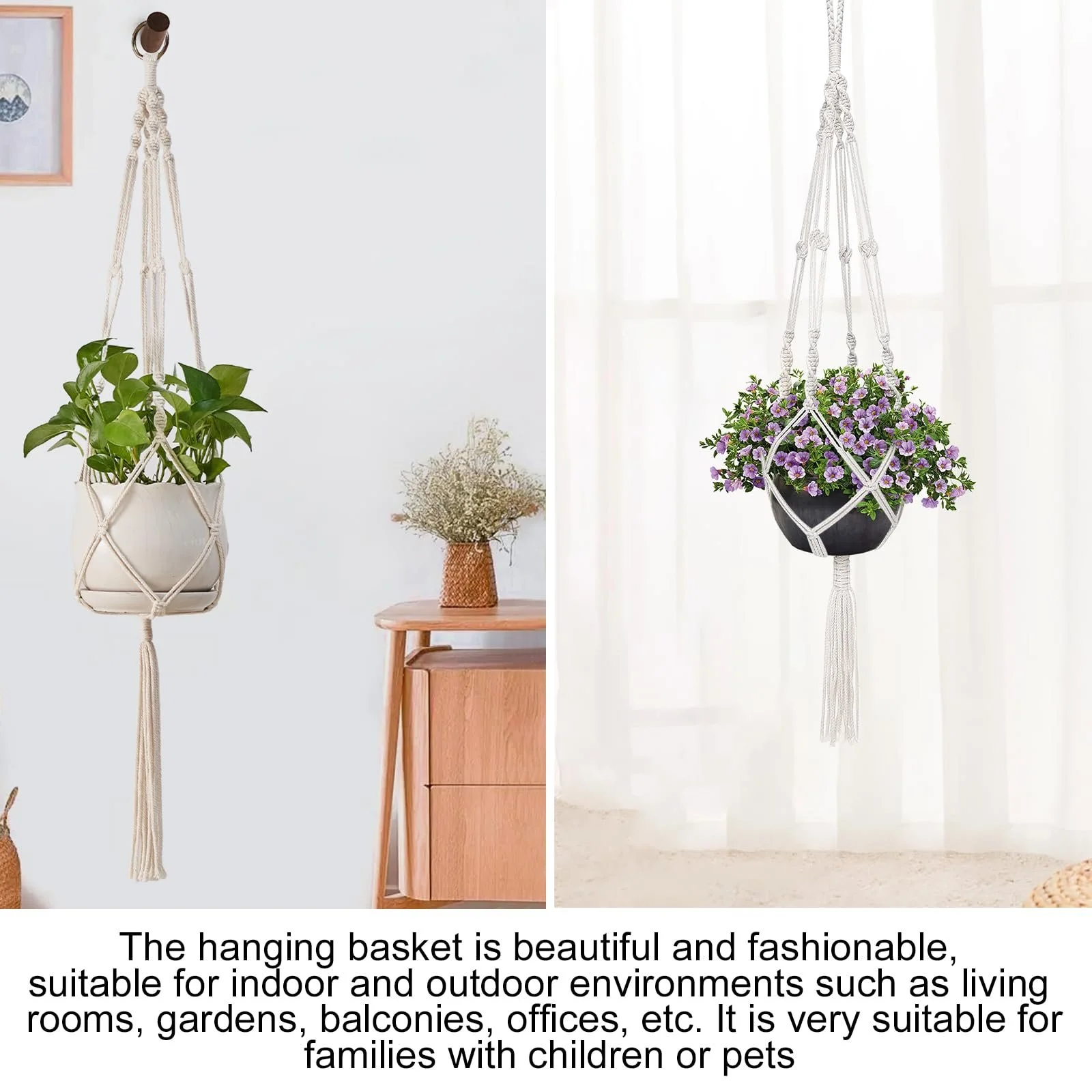 Набор подвесных корзин макраме 2 шт. Хлопковая веревка 105 см, фото №4