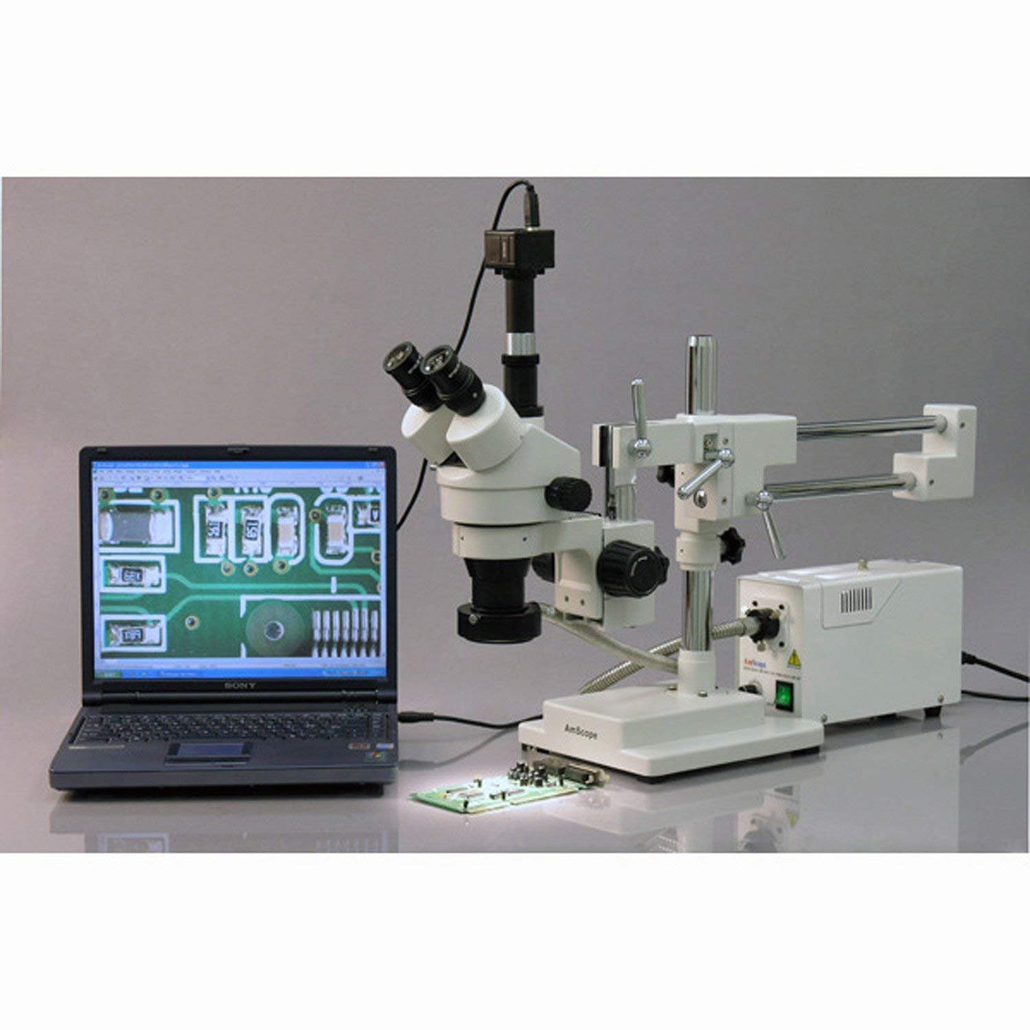 Тринокулярный стереомикроскоп с зумом AmScope SM-4TP Professional с одновременным контролем фокусировки, окулярами WH10X, зум-объективом 0,7X-4,5X, окружающим освещением, двухрычажной штативной стойкой, 7X-45X, фото №4