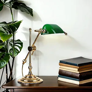 Настільна лампа Licht-Erlebnisse Banker Lamp латунь скло 32 см E14 24 карати позолота Art Nouveau Зелено-золотистий - Фото 1
