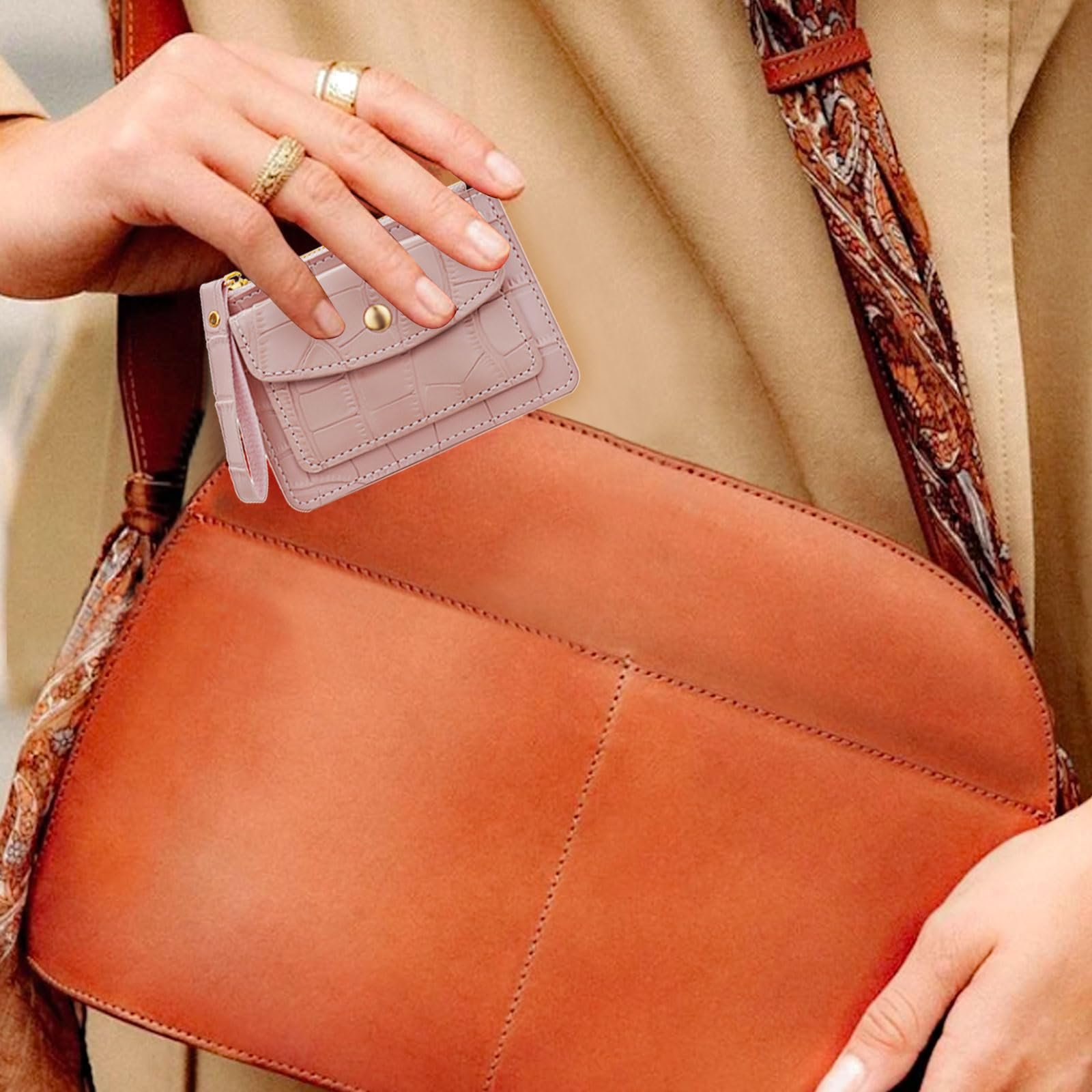 Кошелек MultiValue Slim Card Case, Кожаный картхолдер с отделением для монет, Карточный кошелек подходит для переднего кармана, Кошелек на молнии для женщин с карманом на кнопке, темно-красный, Modern, фото №5