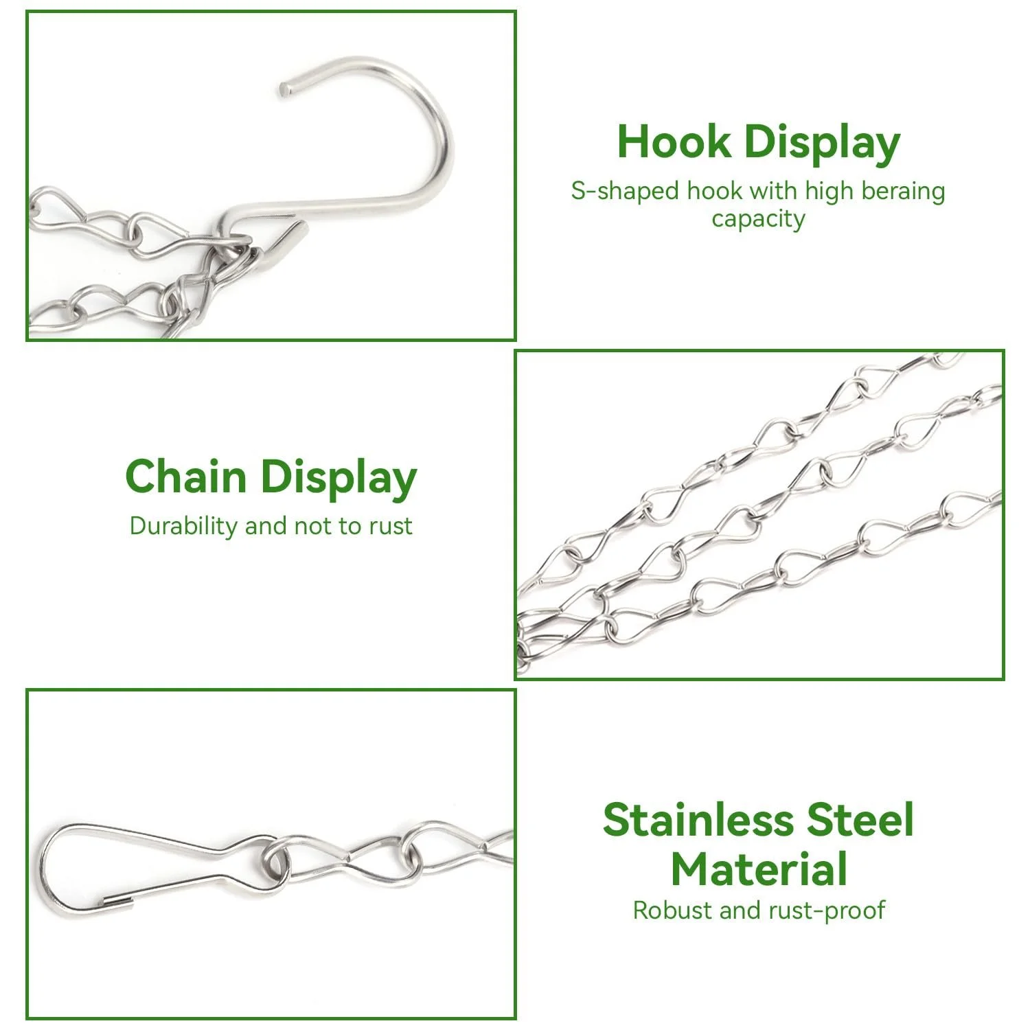 Подвесная цепь для цветочных горшков 4 штуки Металлическая 3-х точечная с S-образными крючками и клипсами, фото №7