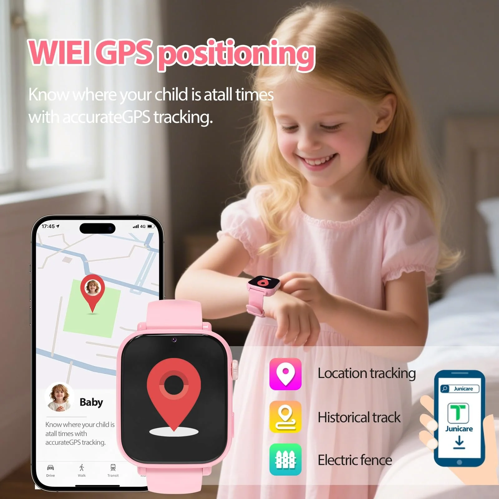 Детские часы 4G Alutoria с видеозвонком и телефоном, WiFi/GPS/LBS трекер/SMS, принимающий SOS, школьный режим, будильник, от 4 лет, Фуксия, фото №4