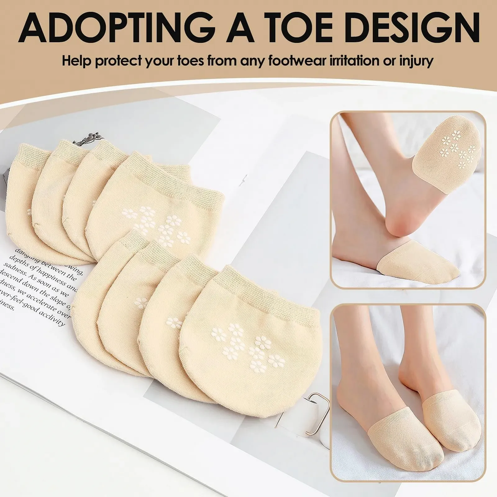 Носки для пальцев женские 4 пары, Накладки на пальцы ног, Нескользящие носки на переднюю часть стопы, Дышащие невидимые полуноски, для высоких каблуков и балеток, Дышащие и удобные, Телесный цвет, фото №4