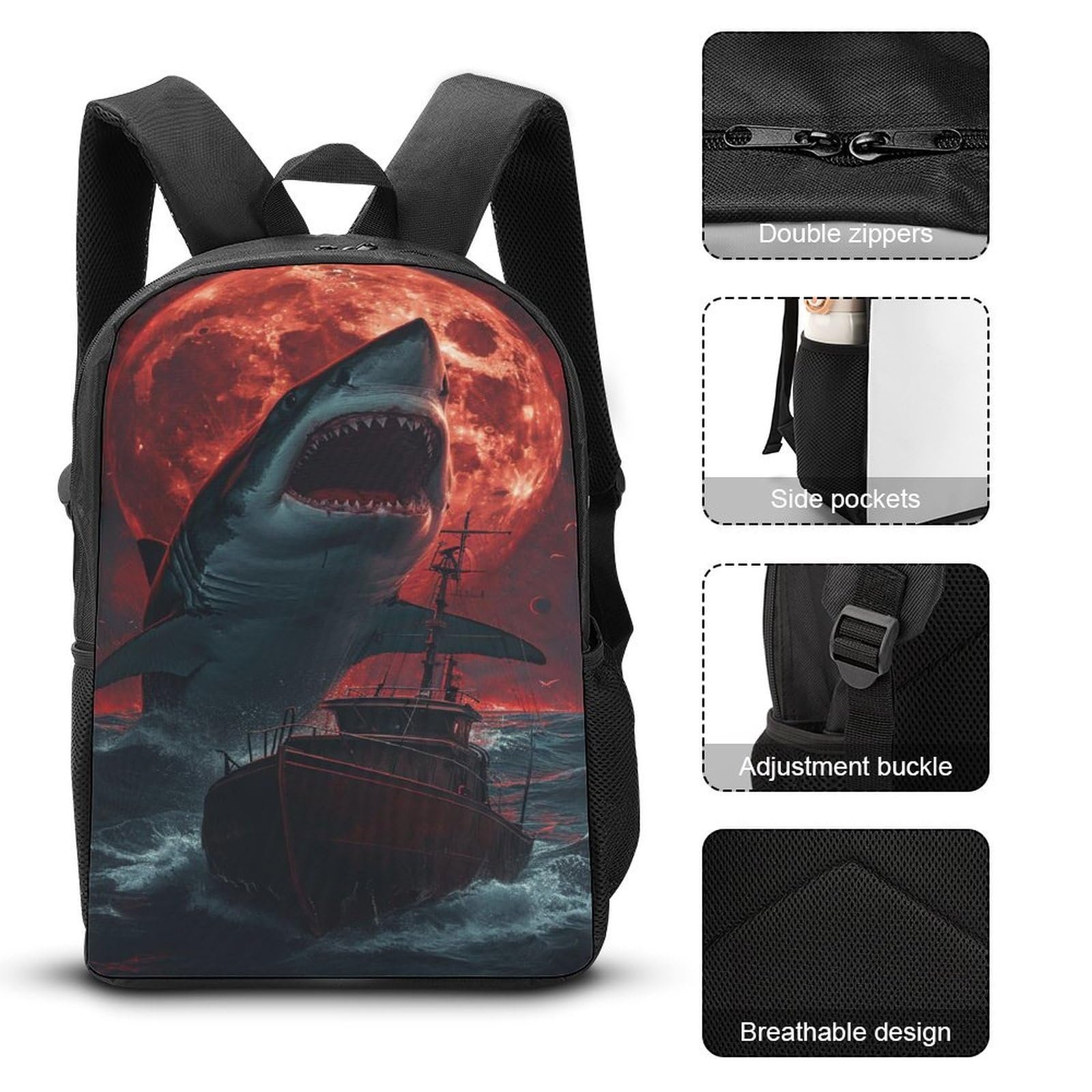 Рюкзак NACHOMACHO Great White Shark для школи, для хлопчиків і дівчаток, підлітків, водонепроникний, для жінок і чоловіків, для ноутбука, 17 дюймів, фото №4