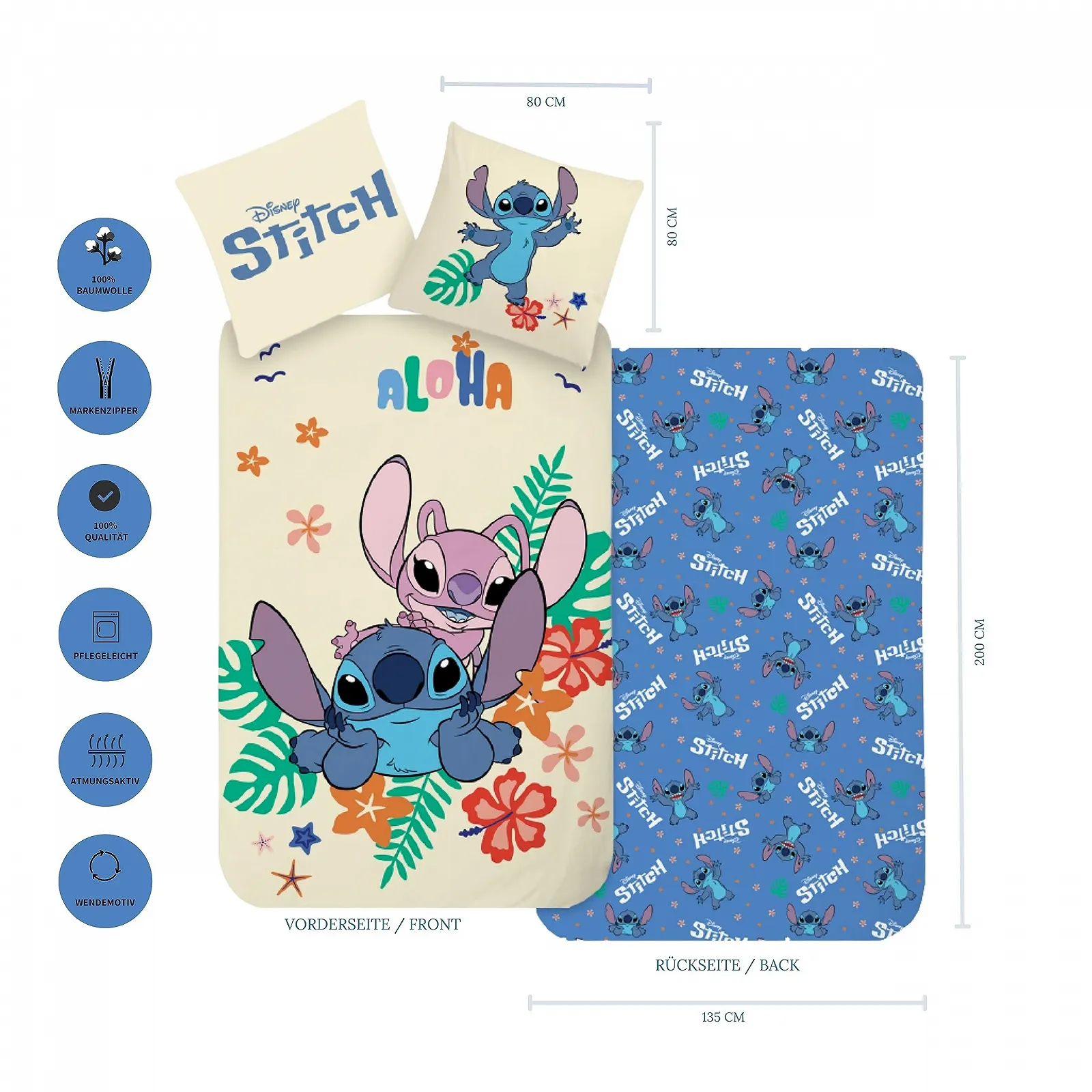 Постельное белье детское MTOnlinehandel Stitch Aloha Stitch & Lilo 135 x 200 см 80 x 80 см 100% хлопок Renforcé 2 предмета, фото №2