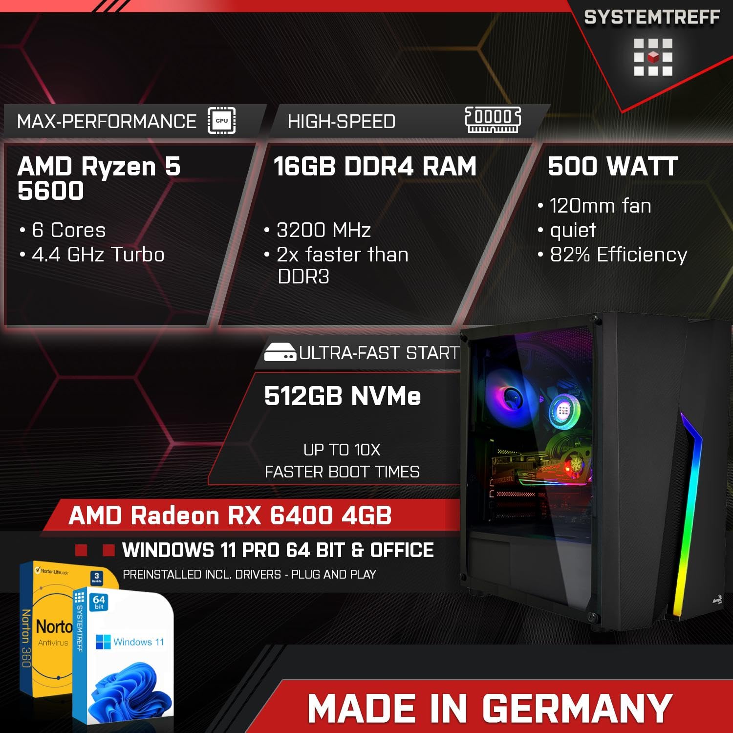 Системний блок SYSTEMTREFF Basic Gaming PC AMD Ryzen 5 5600 6x4.4GHz AMD Radeon RX 6400 DX12 512GB M.2 NVMe 16GB DDR4 RAM WLAN, фото №2