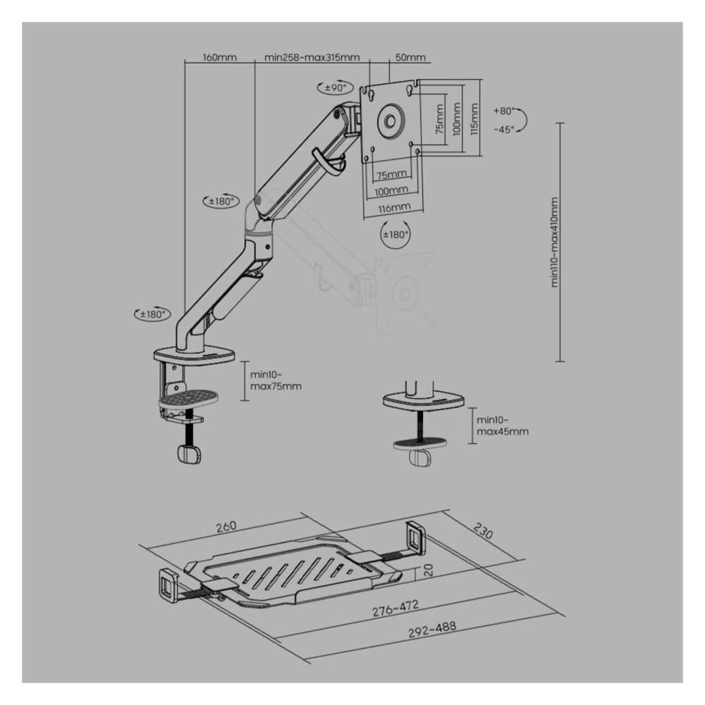 Настольный держатель для ноутбука, регулируемый, с полкой и зажимом/втулкой, фото №2