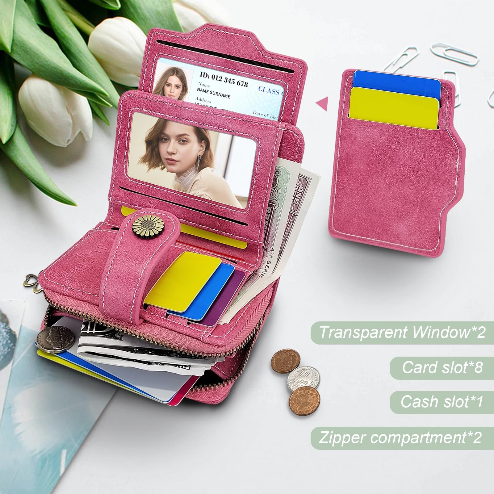 Кошелек AdiStylinno Маленький Искусственная кожа RFID Блокировка с передним карманом Цветочный Розовый, фото №2