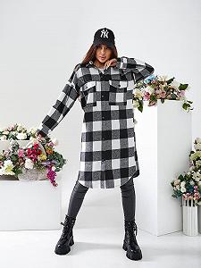 Женская длинная теплая рубашка в клетку кашемировая LS199 цвет черно-белый размер 50/52 - Фото 1