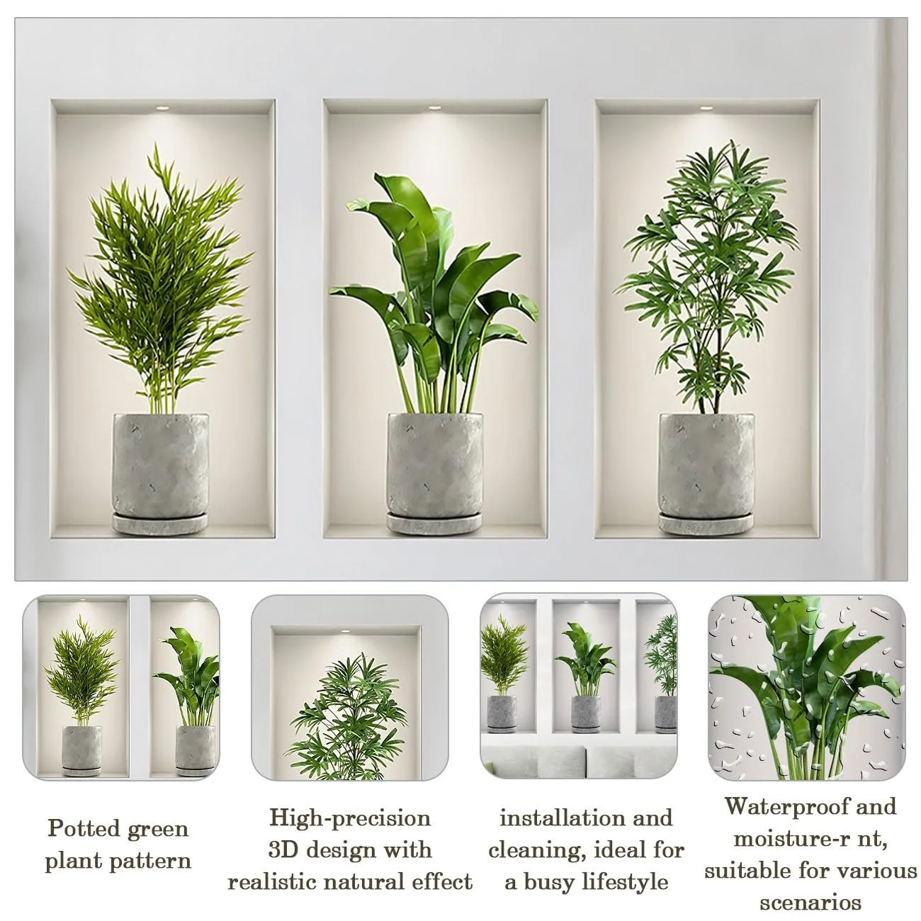 Наклейки на стіну 3 шт. 23х45 см Квіти у вазі 3D Зелені, фото №3