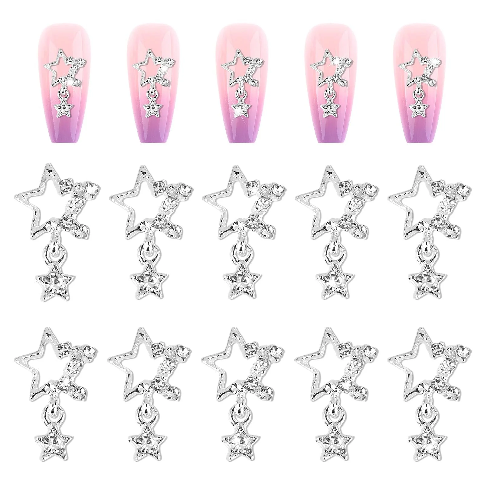 Подвески для ногтей Звезда WLLHYF 10 шт. серебряные Бриллианты для DIY маникюра, фото №2
