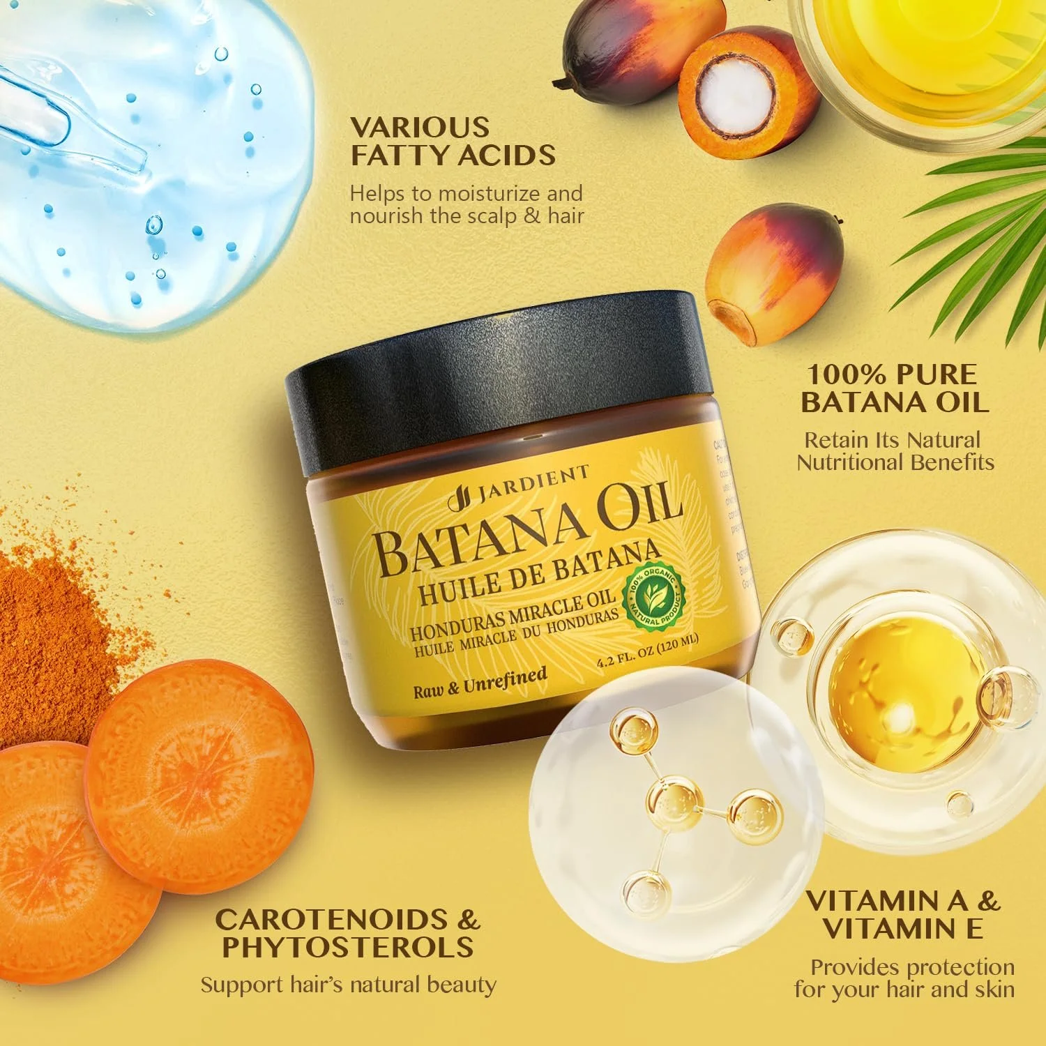 Олія Batana Jardient Сира для росту волосся 100% Чиста та Натуральна Гондураська Органічна 124 мл, фото №3