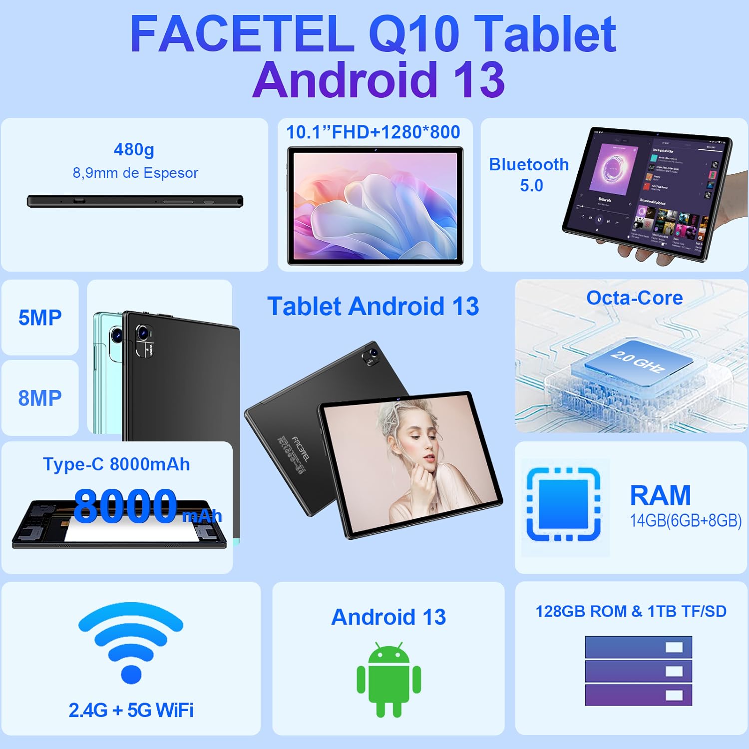Планшет 10.1" FACETEL Q10 8+6/128Gb 8 ядер Android 13 8000 mAh Чорний, фото №2 Планшет 10.1" FACETEL Q10 8+6/128Gb 8 ядер Android 13 8000 mAh Чорний, фото №2
