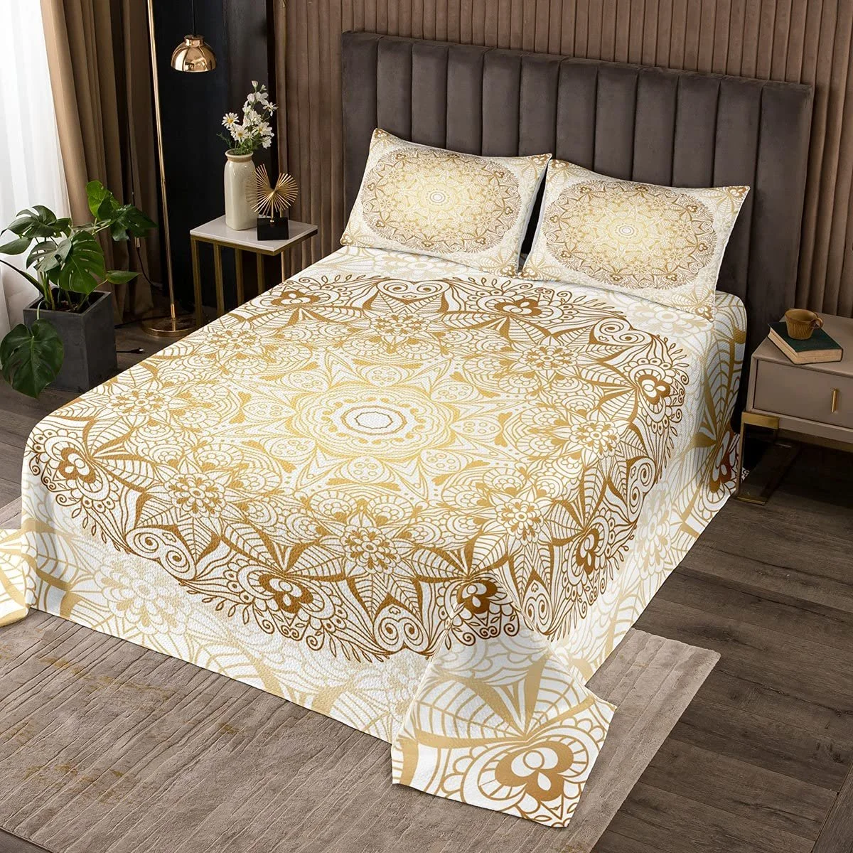 Покрывало Boho Mandala 170 x 210 см, в богемном стиле для подростков, роскошный золотой белый декор Mandala, стеганое одеяло с экзотическим цветочным узором, упаковка из 2 шт., фото №1 Покрывало Boho Mandala 170 x 210 см, в богемном стиле для подростков, роскошный золотой белый декор Mandala, стеганое одеяло с экзотическим цветочным узором, упаковка из 2 шт., фото №1