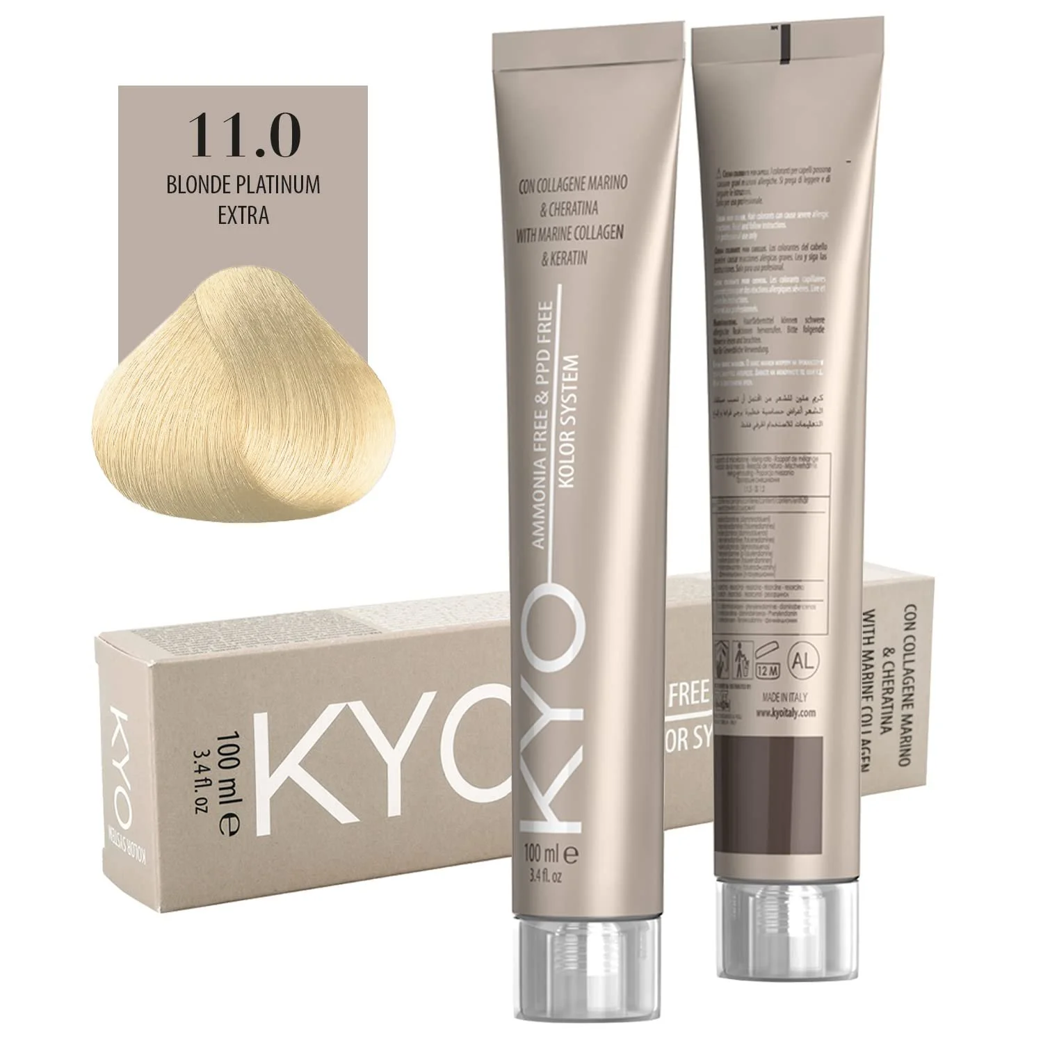 Фарба для волосся Kyo 100 мл - Безаміачна фарба для волосся, збагачена кератином і морським колагеном (11.0 Платиновий екстра блонд), фото №1 Фарба для волосся Kyo 100 мл - Безаміачна фарба для волосся, збагачена кератином і морським колагеном (11.0 Платиновий екстра блонд), фото №1