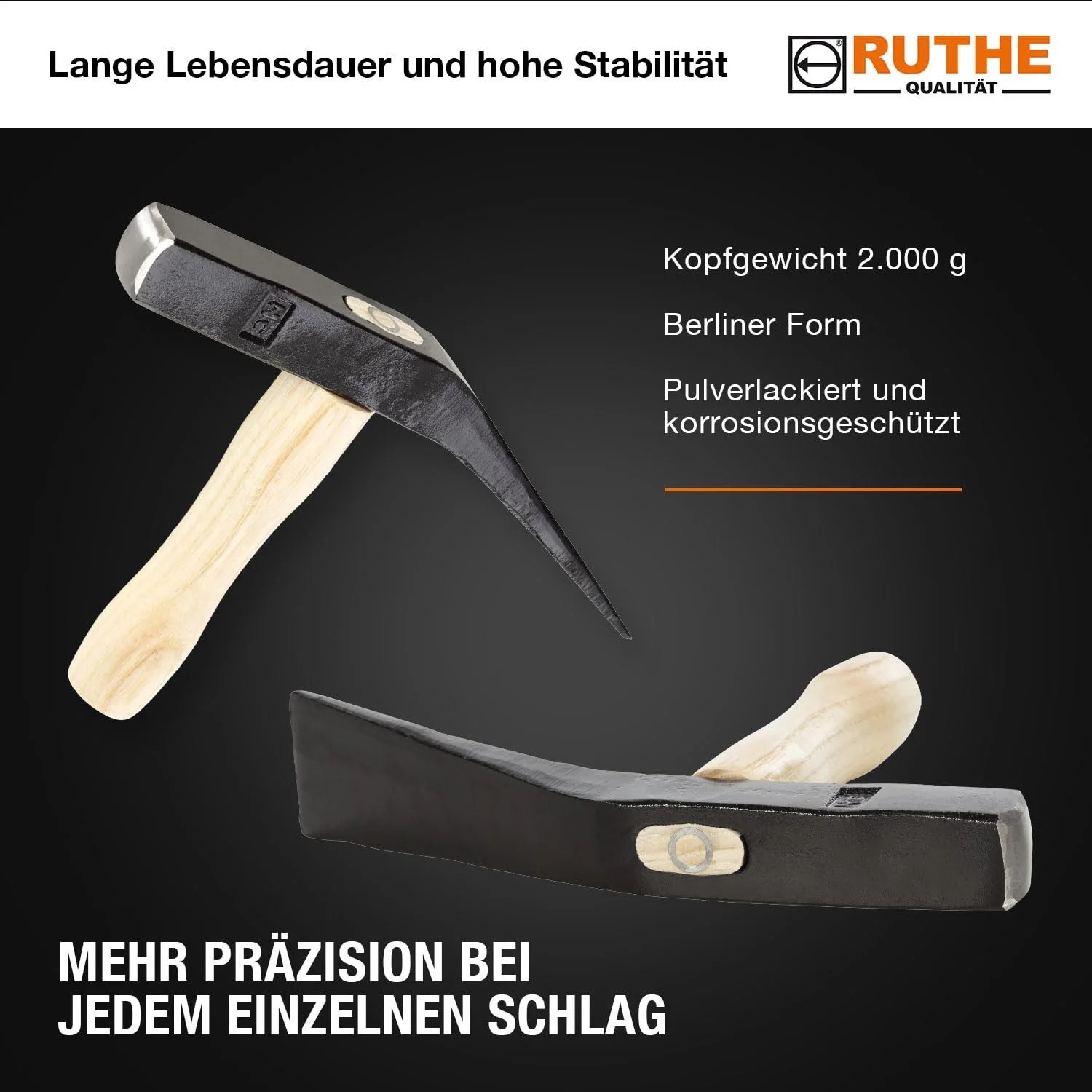 Молоток для мощения Ruthe 3020059119 берлинской формы с ясеневой рукояткой 2000 г разноцветный, фото №3 Молоток для мощения Ruthe 3020059119 берлинской формы с ясеневой рукояткой 2000 г разноцветный, фото №3