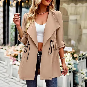 Тренч Жіночий Чорний з куліскою, Класичний V-подібний виріз, Приталений з капюшоном synthetic.ua - Фото 1