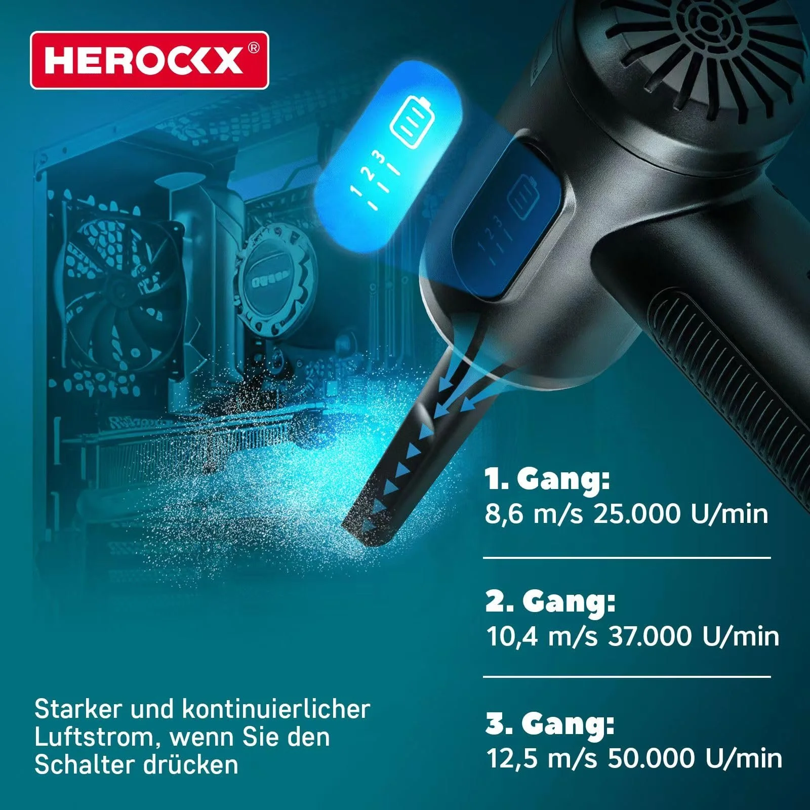 Електрична повітродувка HEROCKX 3 швидкості 2000 мАг LED USB-C, фото №4