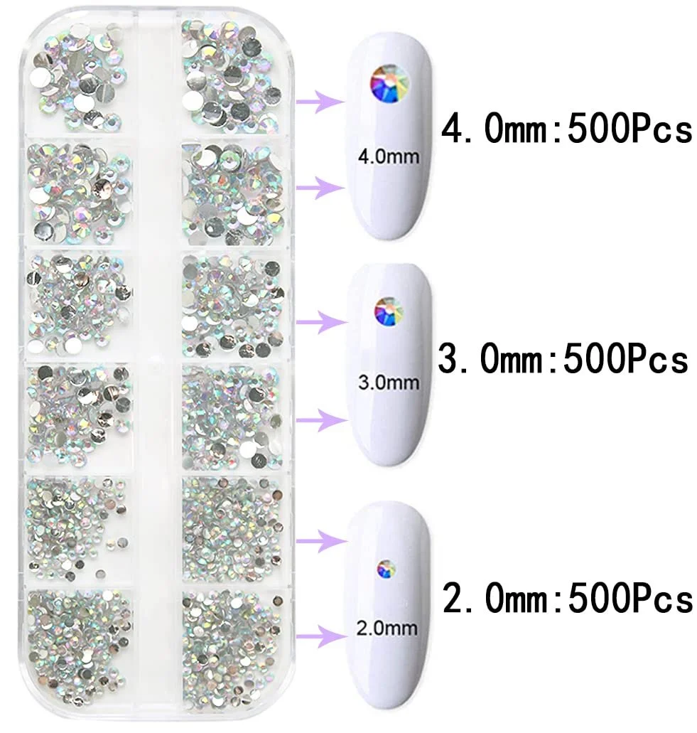 Стразы Плоское Основание Блестящие Камни для Дизайна Ногтей Белый AB, (2 мм, 3 мм, 4 мм), 1500 шт, фото №2