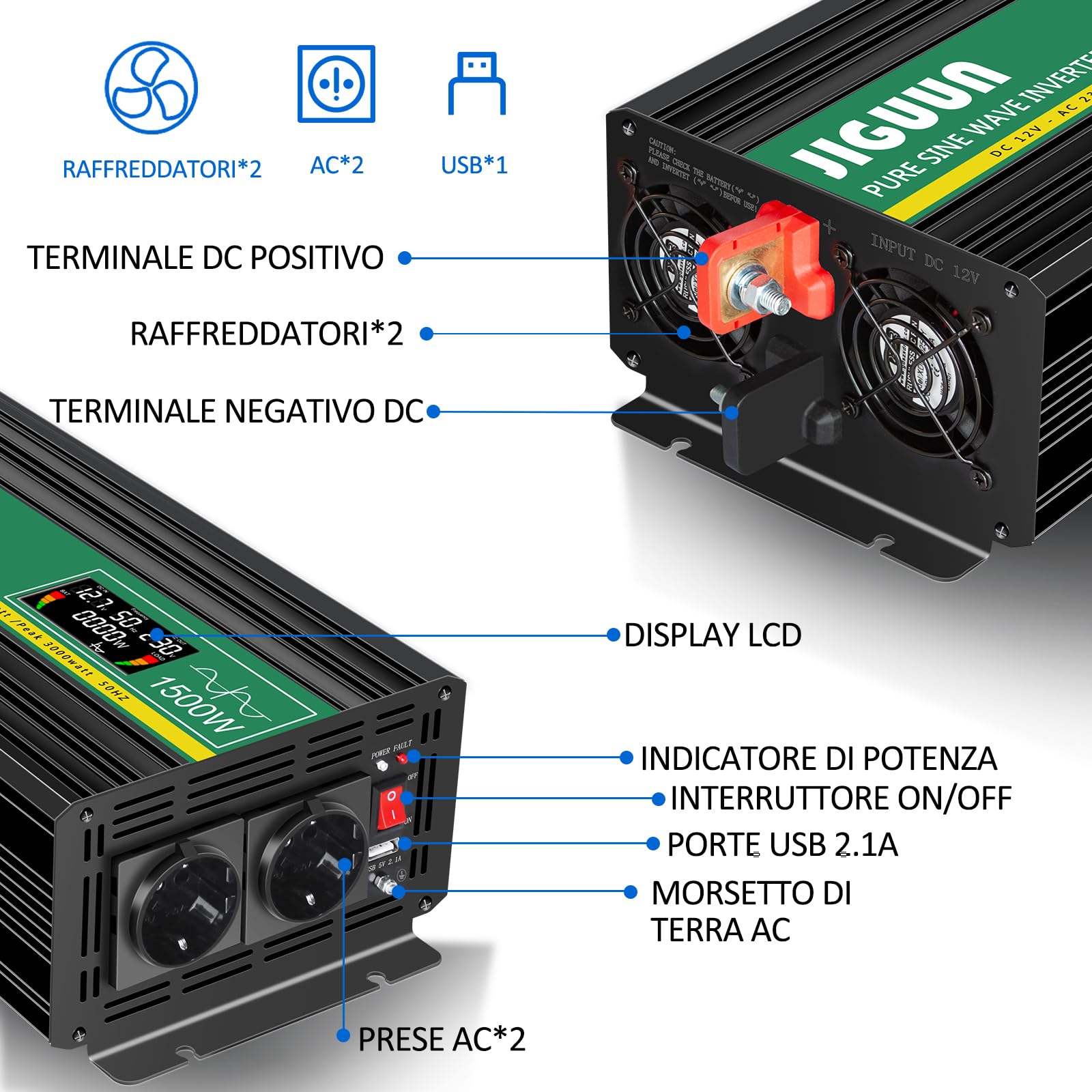 Інвертор JIGUUN Pure Sine Wave Конвертер напруги 1500 Вт 12 В 230 В 2 єврозамки USB вихід 2.1 А бездротовий пульт ДК LCD дисплей, фото №3