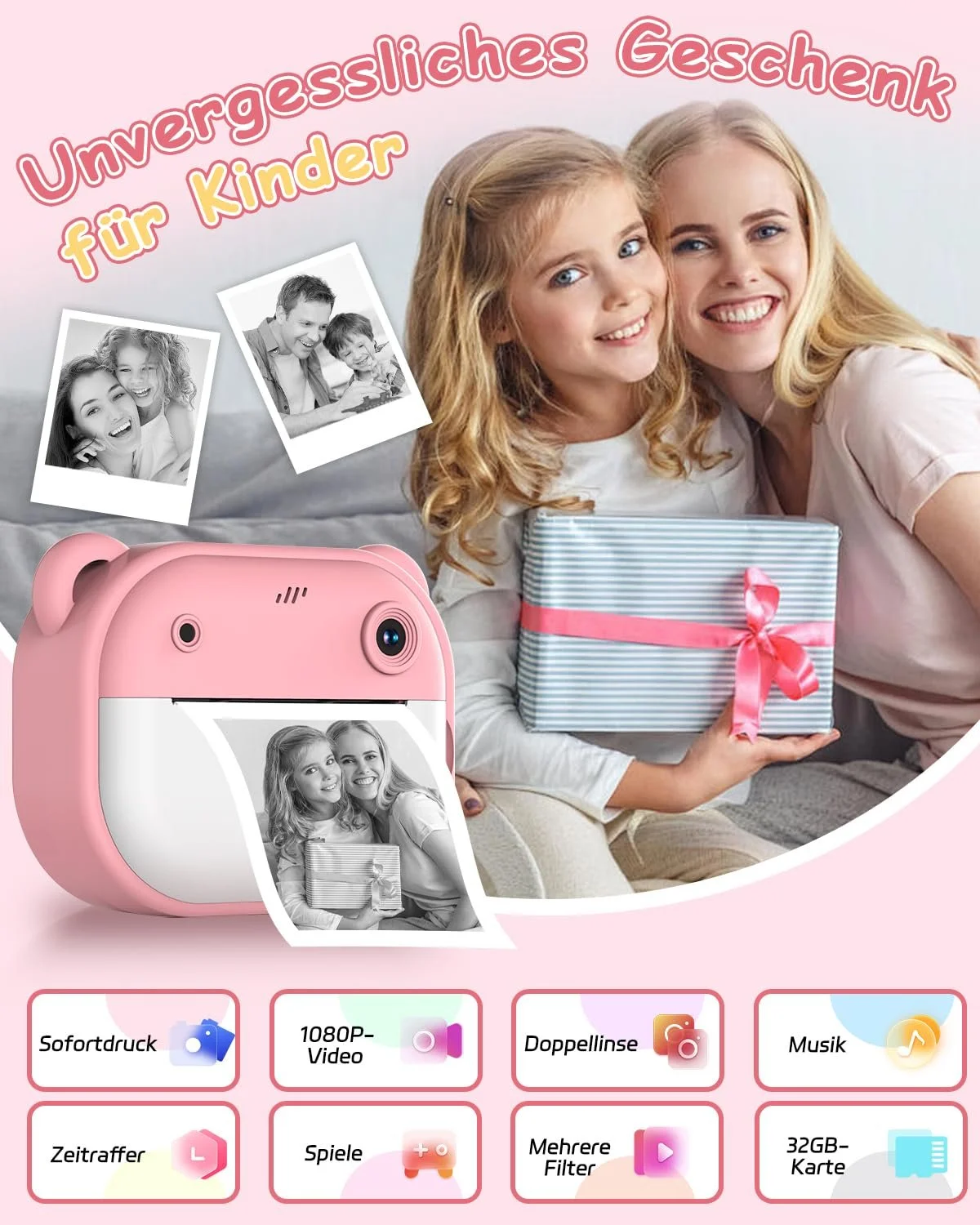 Детская цифровая фотокамера мгновенной печати 1080P Dual Lens 2-дюймовый экран с картой 32GB и бумагой для печати Розовая, фото №2
