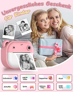 Детская цифровая фотокамера мгновенной печати 1080P Dual Lens 2-дюймовый экран с картой 32GB и бумагой для печати Розовая synthetic.ua - Фото 1