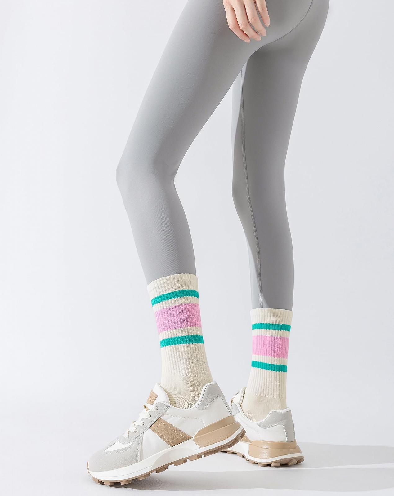 Носки для пилатеса для женщин, 3 пары, нескользящие, винтажные полоски, носки до середины голени, спортивные носки для балета, танцев у станка, батута, больницы, фитнеса, дома, фото №7