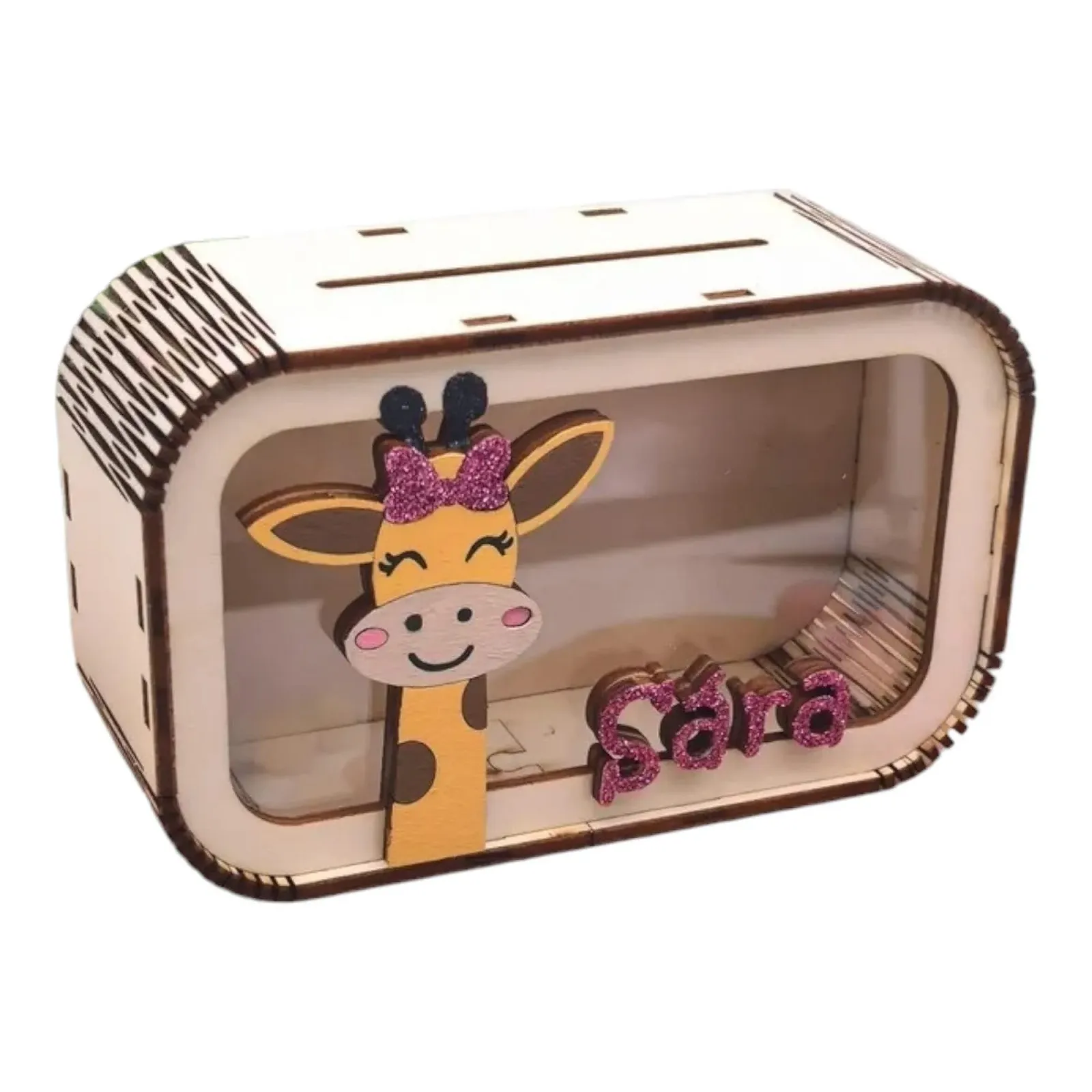 Скарбничка дерев'яна Жираф Персоналізована з блискітками та прозорою панеллю, фото №1