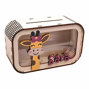 Скарбничка дерев'яна Жираф Персоналізована з блискітками та прозорою панеллю - Фото 1