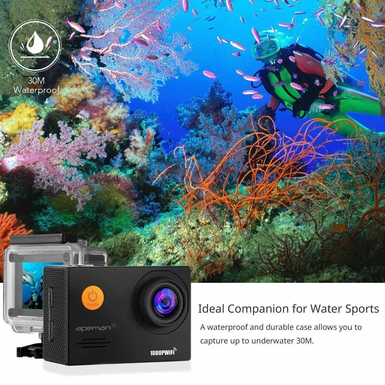 Екшн-камера APEMAN A70  / 170° / 14Мп / Full HD  / 60fps / Wi-Fi / Вологозахищена / Чорна, фото №5 Екшн-камера APEMAN A70  / 170° / 14Мп / Full HD  / 60fps / Wi-Fi / Вологозахищена / Чорна, фото №5