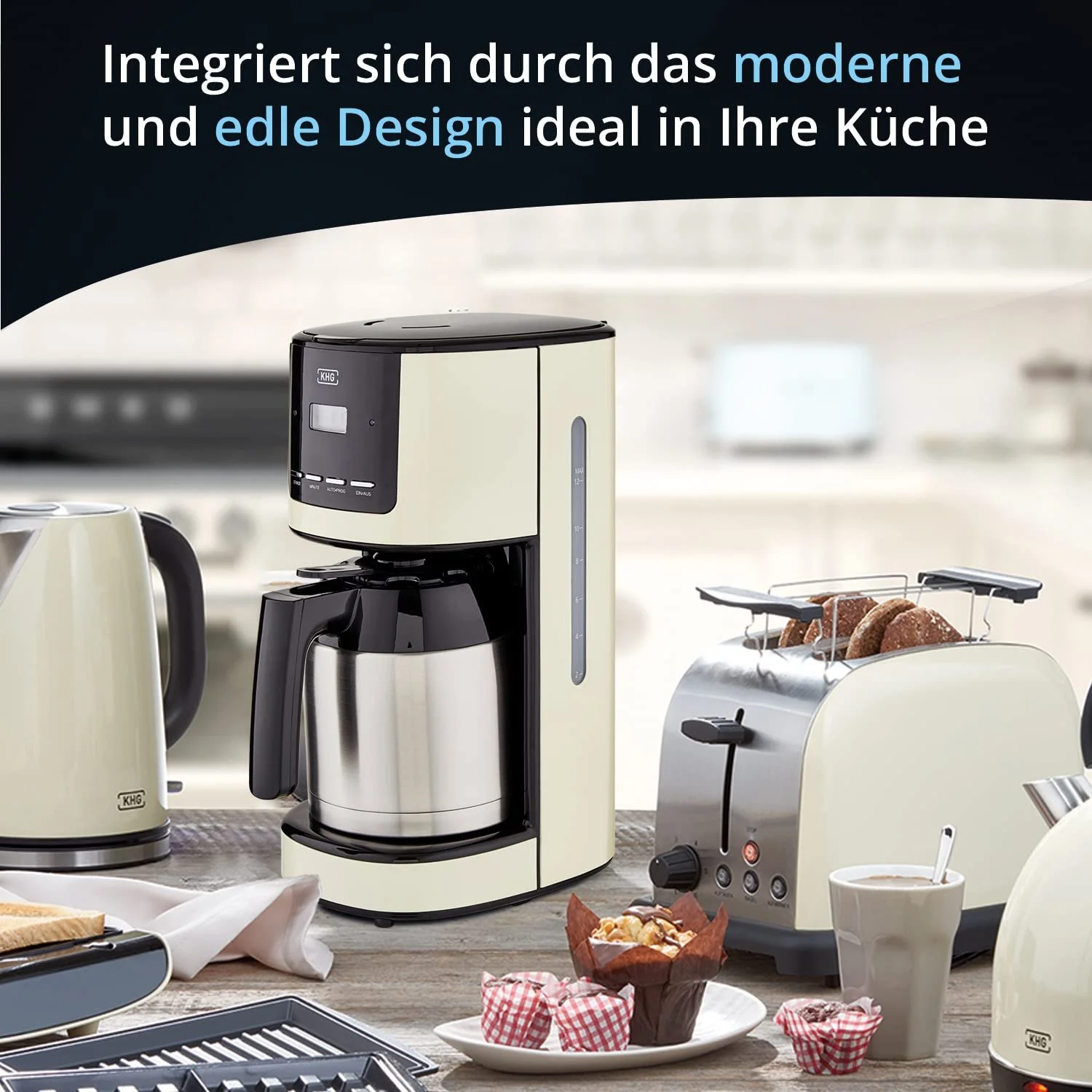 Кофеварка фильтровальная KHG TKA-182 (CE) 1,5 л 12 чашек LCD дисплей Кремовый/Черный/Серебристый, фото №2