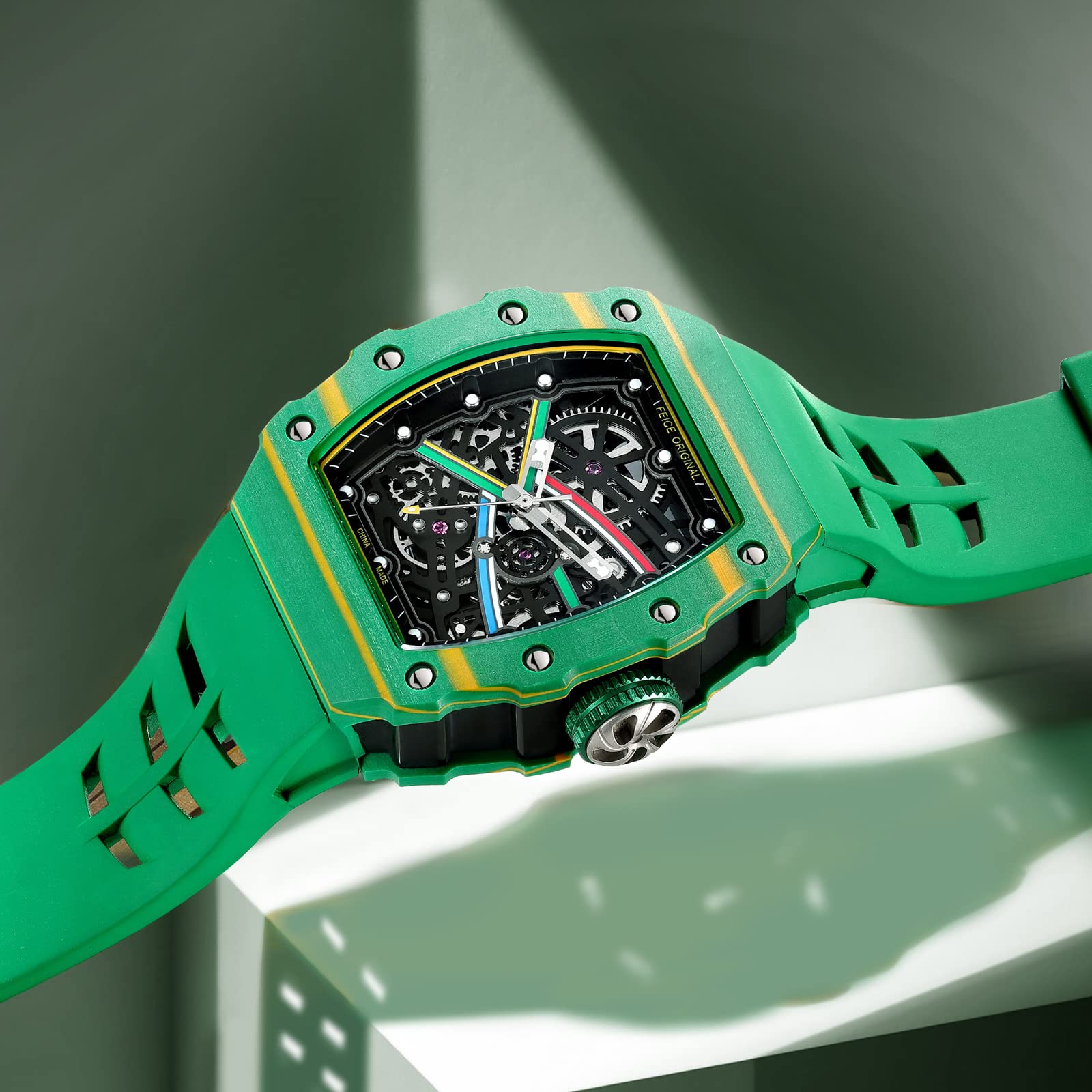 Часы FEICE Men's Automatic Skeleton Fluorine Rubber Waterproof Green Modern, фото №2