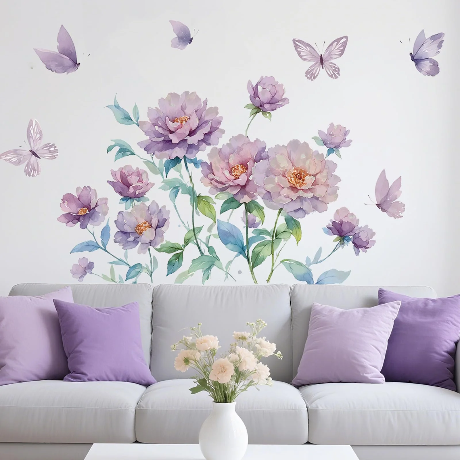 Наклейка на стіну KAIRNE Flowers Peonies Blossoms Butterfly Пурпурна, фото №1