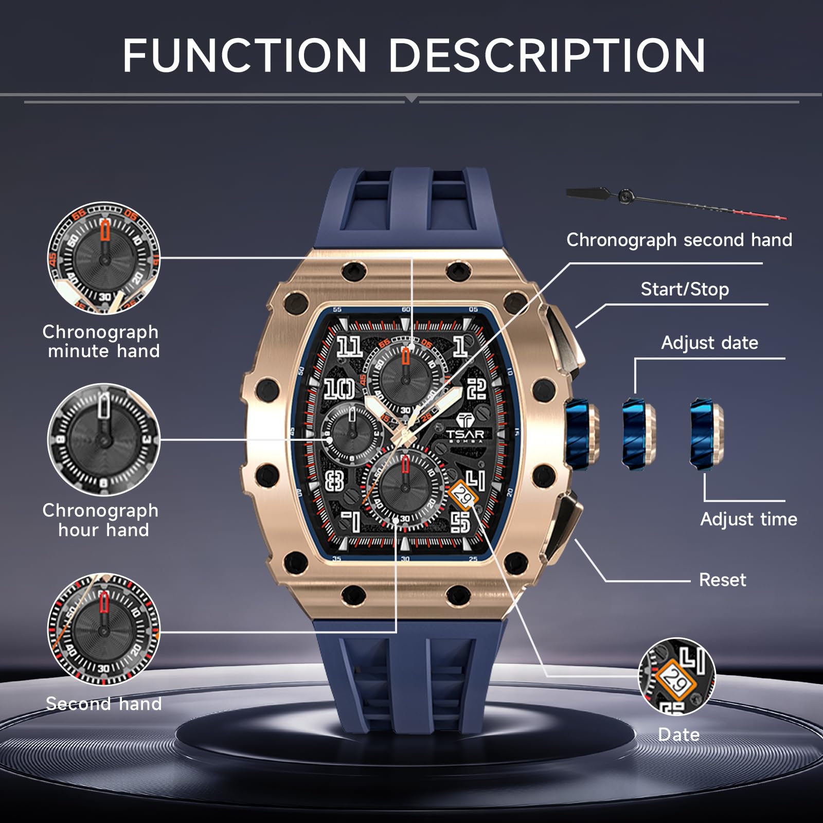 Годинник TSAR BOMBA Чоловічий 50 м Водонепроникний Японський Кварцовий Рух Годинники Тонно Нержавіюча Сталь Сапфірове Скло з Хронографом Дата Функція Модний Розкішний, фото №5