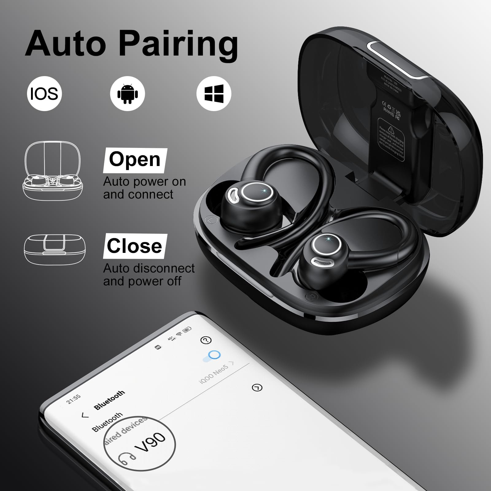 Bluetooth наушники Sports Wireless Bluetooth 5.3 с HD микрофоном 48 часов премиальный глубокий бас Dark Black, фото №7