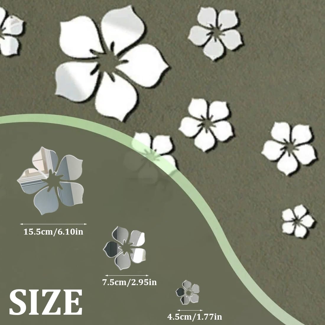 Наклейки на стену зеркальные 18 штук Акриловые цветы Серебристые, фото №2