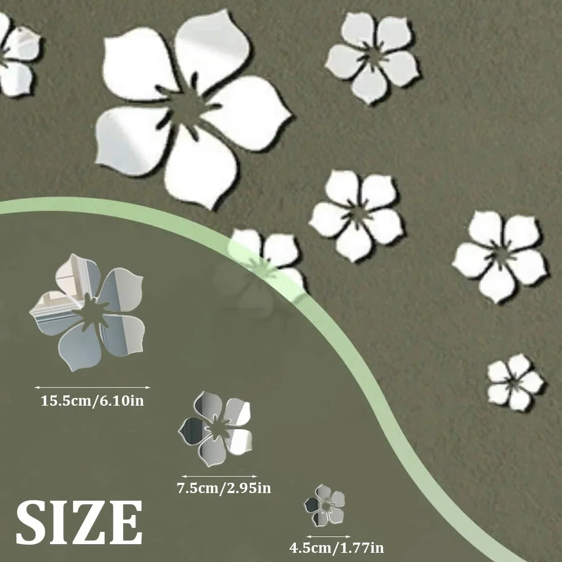 Наклейки на стену зеркальные 18 штук Акриловые цветы Серебристые, фото №2